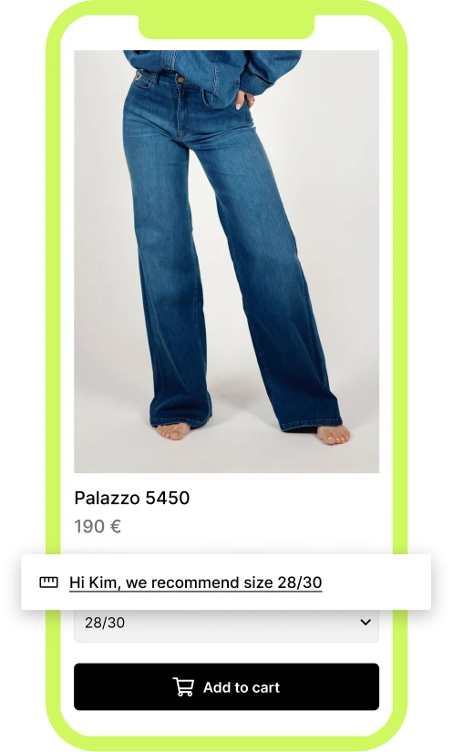 Fashion product page for Palazzo 5450 jeans with Zizr recommending size 28/30